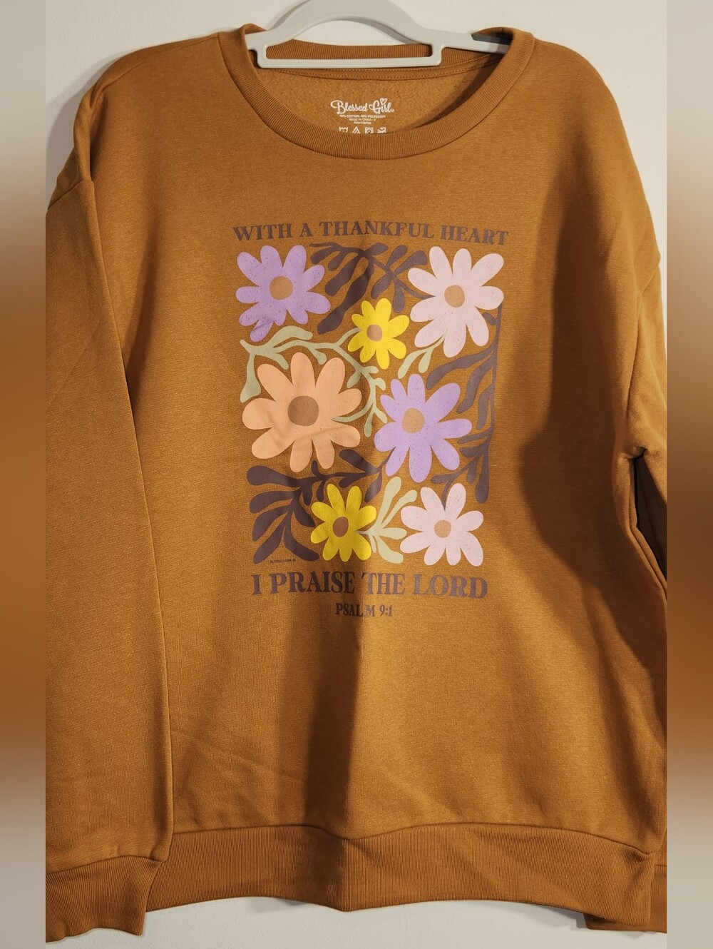Blessed Girl Tan Large Brown Floral Sweatshirt. NWOT